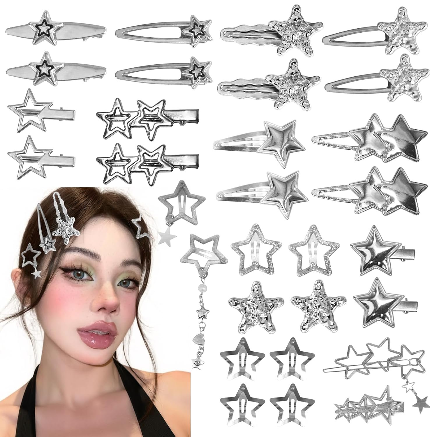Y2K Silver Star Hair Clips, 30 Pcs Multi Shape Barrettes for Women Girls | 16 assorted star shapes, non-slip metal hairpins, classic 2000s Y2K aesthetic, kawaii hair clips for daily & party hairstyles