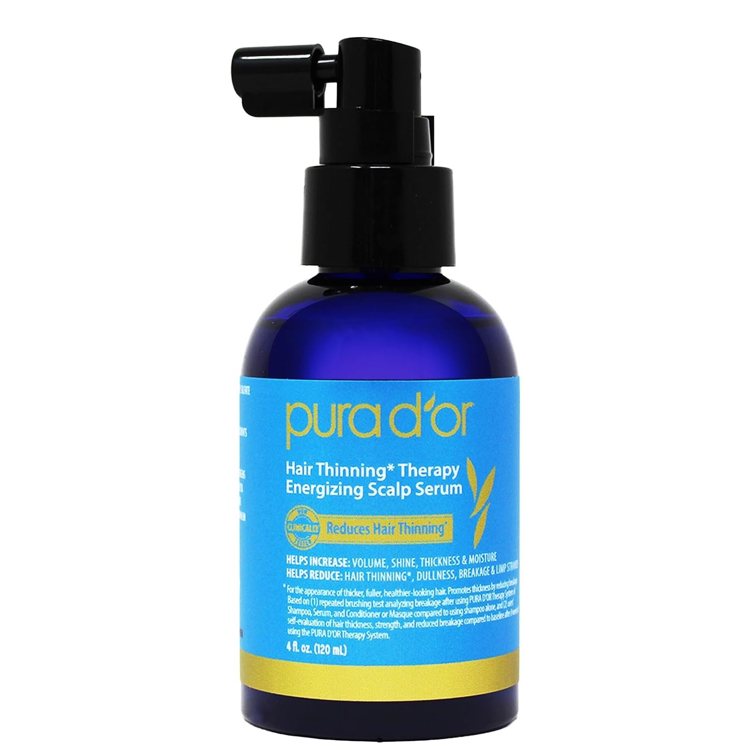 PURA D’OR Hair Thinning Therapy Energizing Scalp Serum 4oz w/Copper Tripeptide, Biotin, Caffeine, Plant Stem Cell, Catalase & DHT Balance, Rosemary Green Tea Leaf Extract, All Hair Types, Men Women | Stronger-Looking Roots, Clinically Tested, Caffeine, Peptides, Rosemary, Green Tea, Daily Care, Men & Women, Sulfate-Free