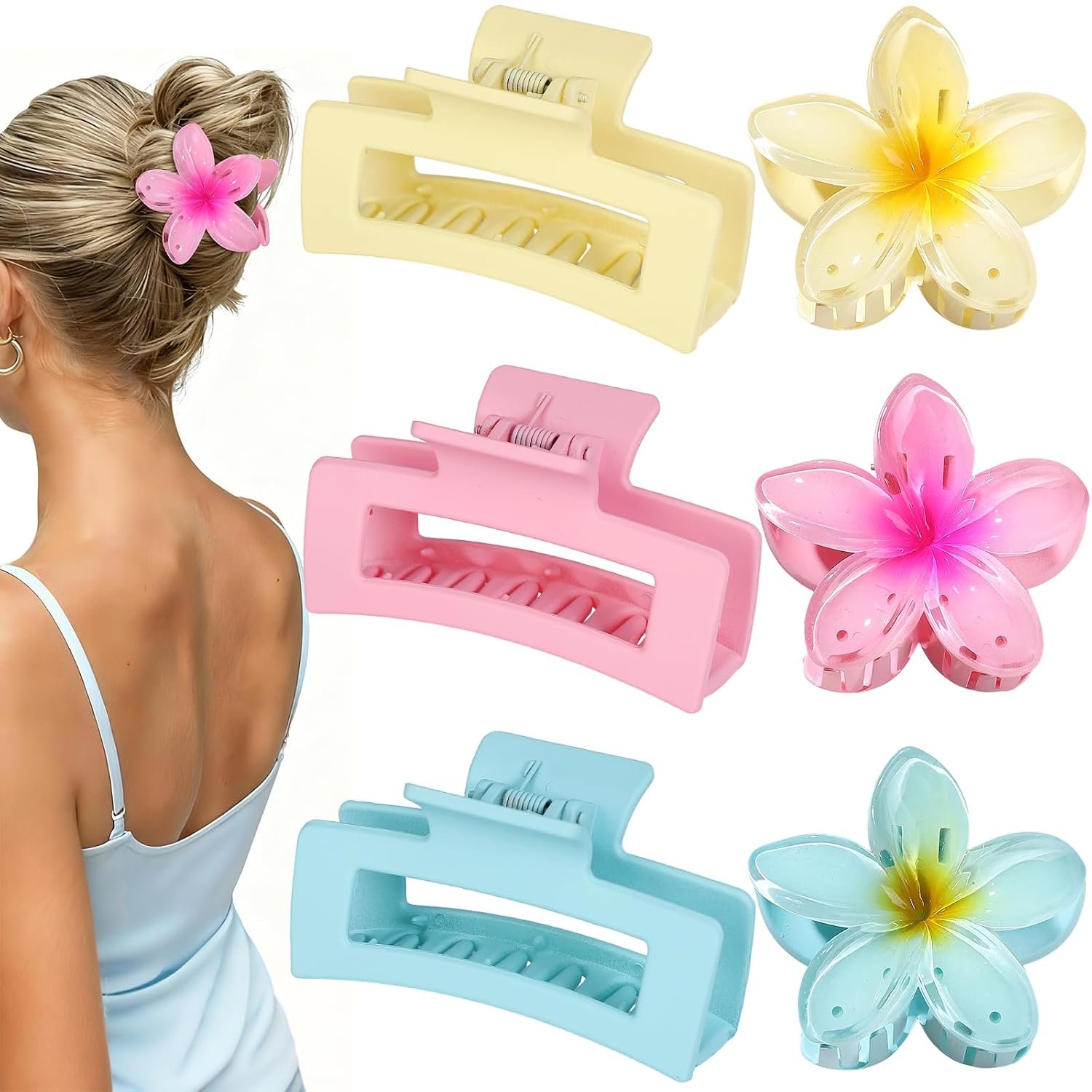 Flower Hair Clips for Women, Square Claw Clips for Girls 6 PCS – Pink | 2 Styles Hair Claw Clips for Thick or Thin Hair Hawaiian Hibiscus Rectangle Large Plumeria Medium Hair Accessories for Women