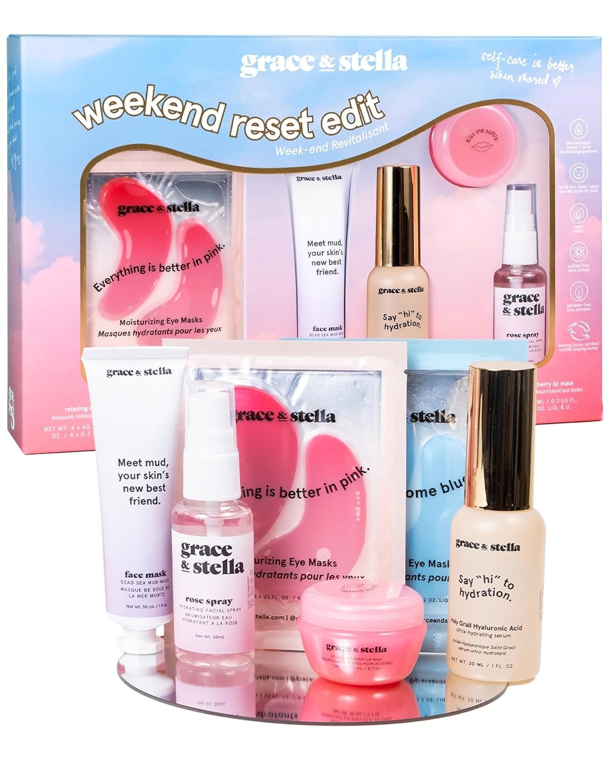 grace & stella Award Winning Skin Care Set – Gift Set for Women | Travel Essentials with Under Eye Masks, Serum, Cleanser, Lip Balm – Holiday Gift for Mom – Vegan Cruelty-Free Self Care