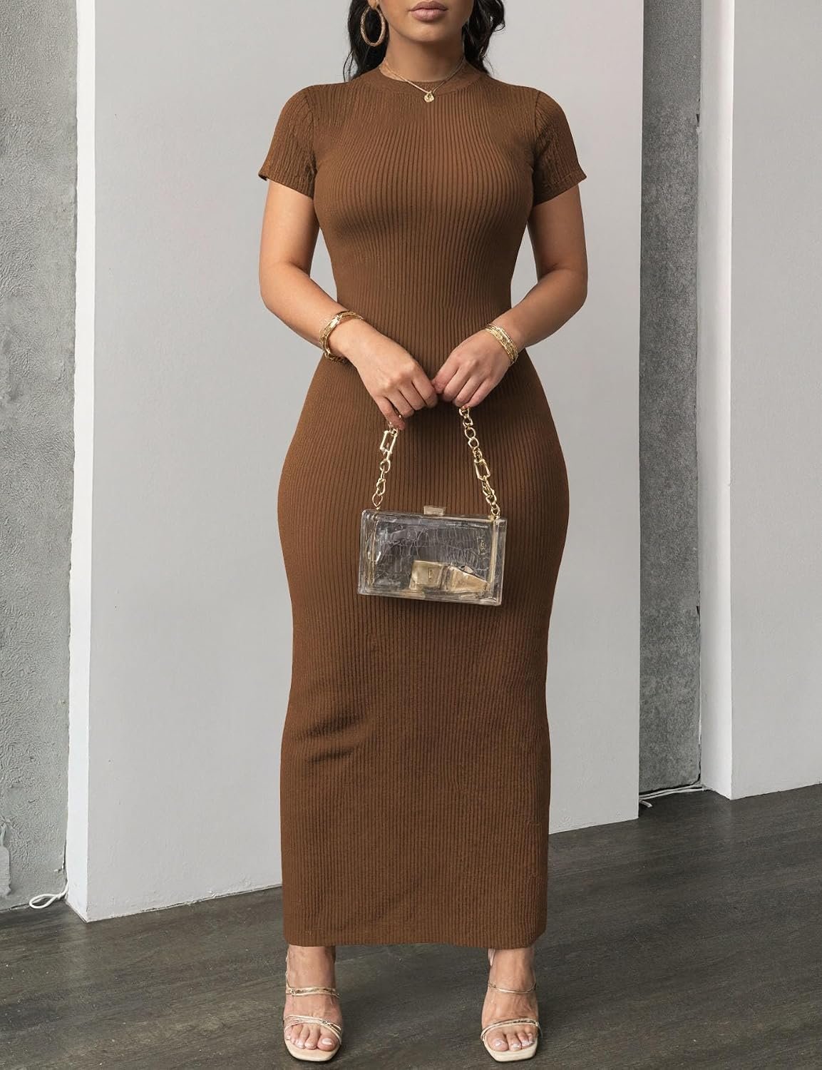 Nimsruc Women Summer Short Sleeve Bodycon Maxi Dress Crew Neck Long Dresses Casual Sundress