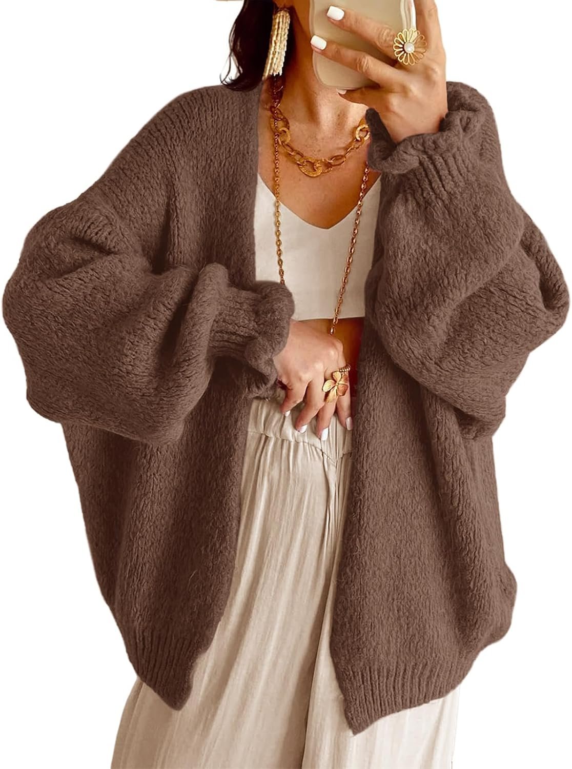 Saodimallsu Womens Oversized Cardigan Sweaters Fall Chunky Long Cardigans | Open Front,Ruffle Sleeve,Lantern Sleeve,Long Sleeve,Knit,Loose Sweater,Coats,Batwing Cardigan,Over Sized,Cozy,Thick Cardigan