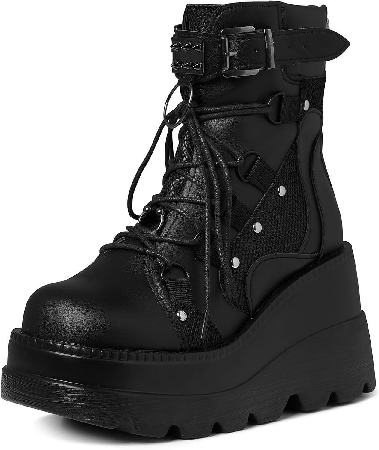 Tscoyuki Goth Platform Boots for Women- Chunky Booties Wedge Heel Rave Boot | Round Toe Platform Gothic Combat Boots, Lace-Up & Adjustable Buckle Strap, Ideal for Electronic Music Festivals, Concerts