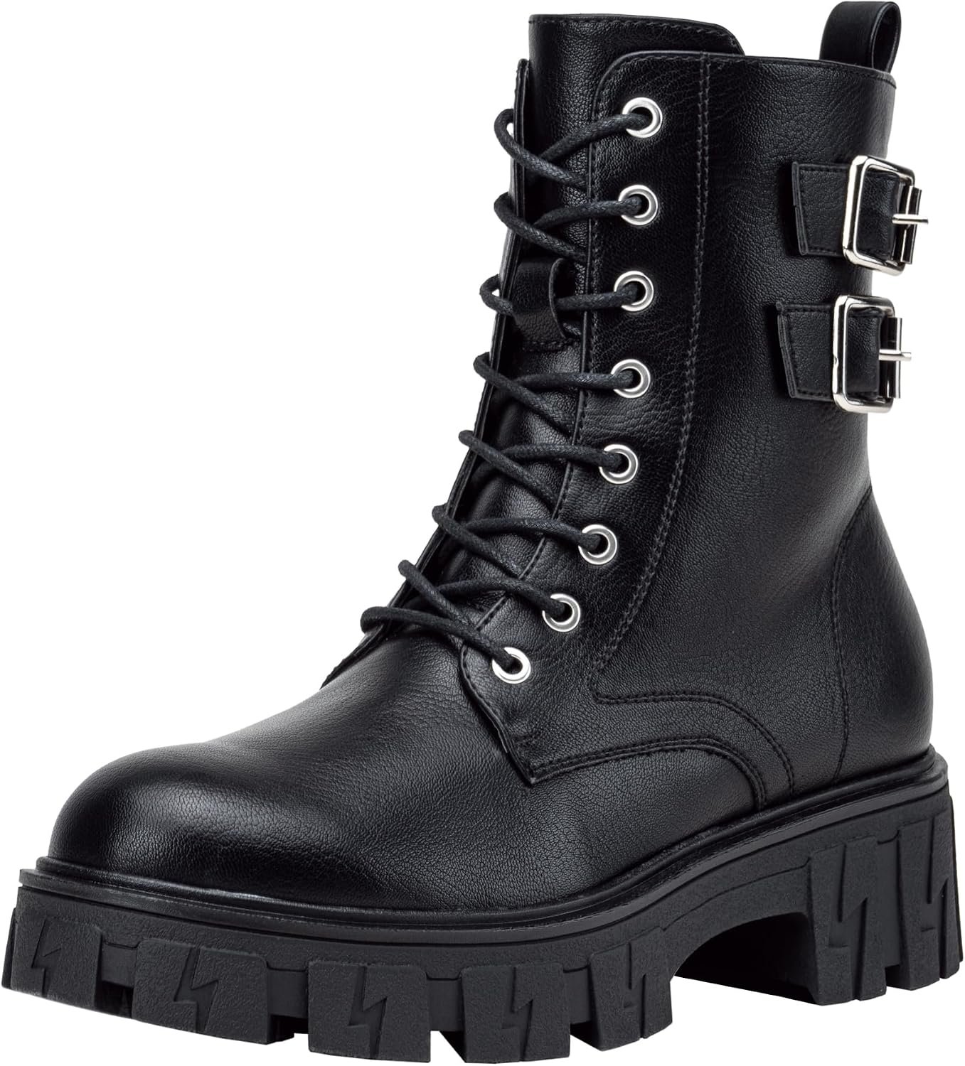 Vepose Women’s Combat Boots Lace-Up Platform Ankle Booties Chunky Heel 9612 | Moto-inspired lace up ankle boots ,lug sole, side zipper, double buckle, and cushioned comfort for daily outfits