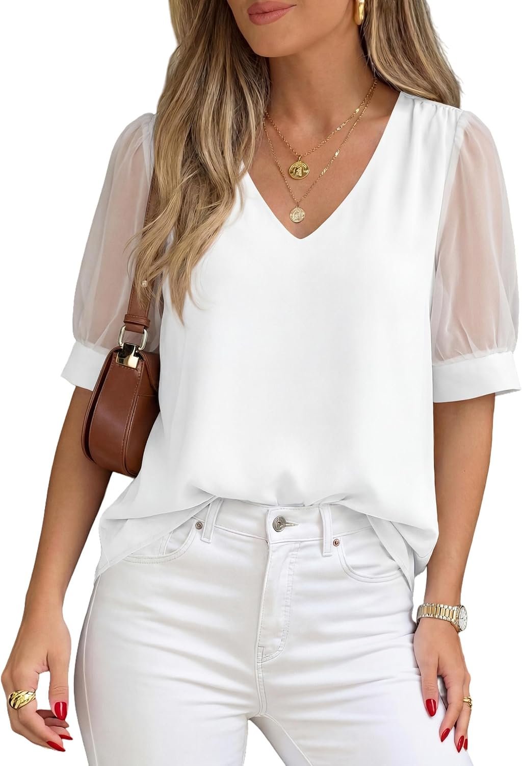 PRETTYGARDEN Womens Summer Tops Short Sleeve Chiffon Blouses | Work Shirts, Mesh Puff Sleeves, V-Neck, Relaxed Fit, Lightweight & Breathable, Dressy Office Wear, Business Casual Outfits