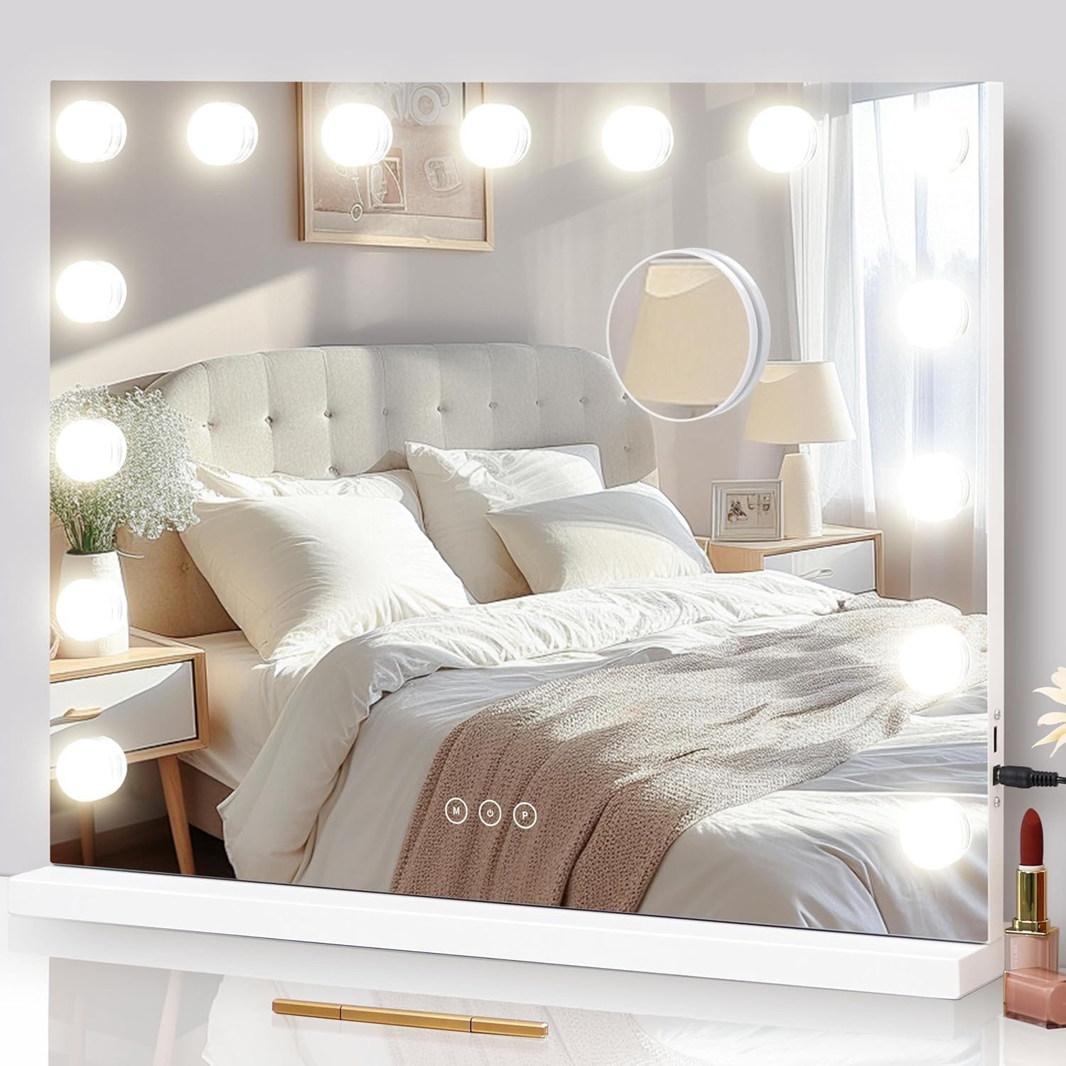 Vanity Mirror with Lights Lighted Makeup Mirror with 15 Dimmable LED Bulbs,3 Color Lighting Modes,USB Charging Port Touch Control,Sturdy Metal Frame Design 24×18 Inch,White