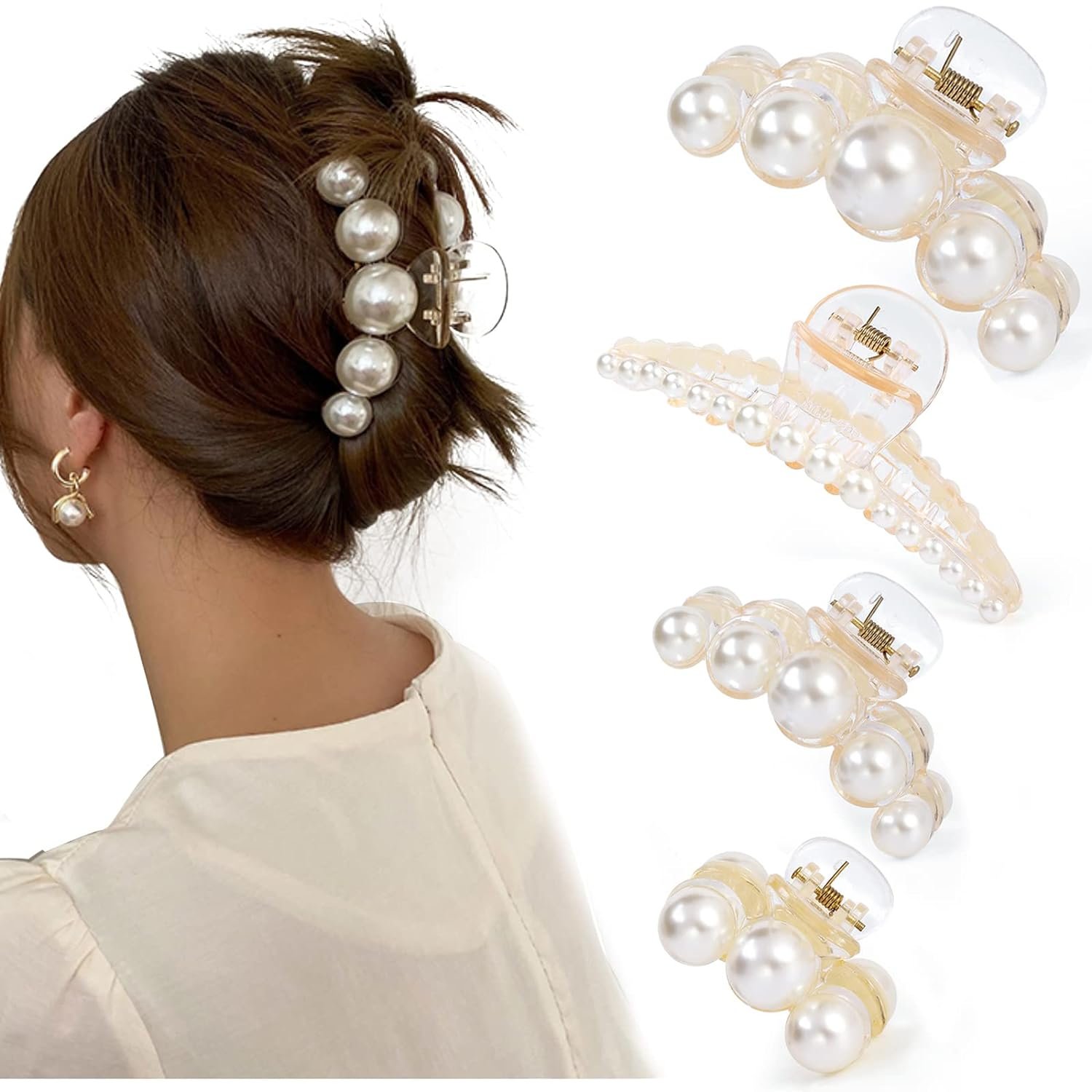 Mehayi 4 PCS Large Pearl Hair Claw Clips for Women and Girls, Non-Slip Hair Barrettes for Thick and Thin Hair, Elegant Hair Accessories for Weddings, Parties, and Daily Styling