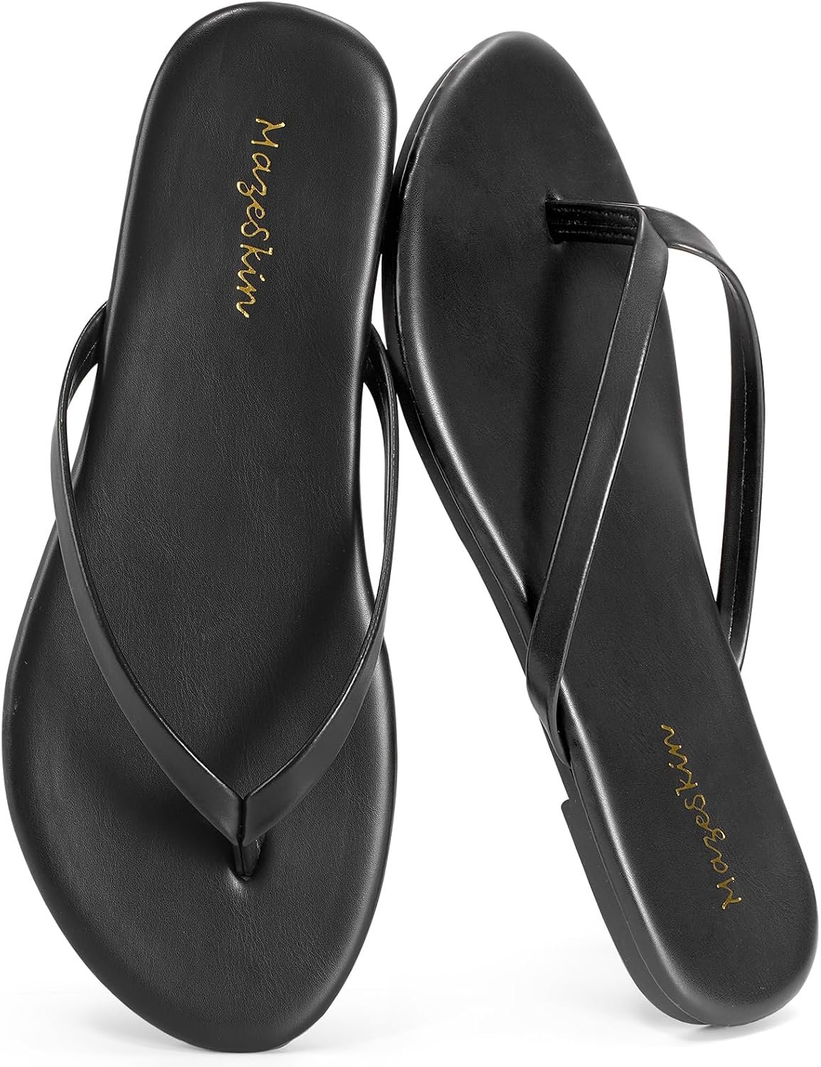 mazeskin Womens Memory Foam Flip Flops Flat Thong Sandals | Soft Vegan Leather Comfortable Cushioned Casual Dressy Beach Summer Minimalist Slim Slide Shoes Indoor Outdoor