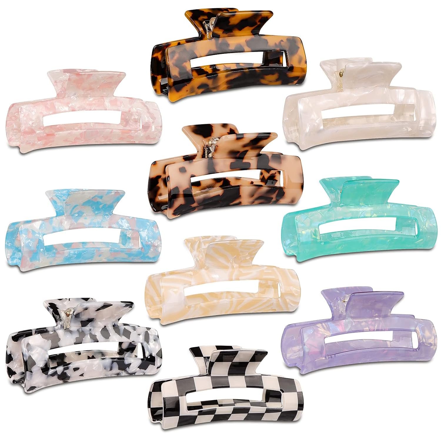 Magicsky 10 Pcs Large Resin Hair Claw Clips For Women Thick Thin Hair Updos | Acrylic Celluloid Long Claw Clip，Opal Marble/Tortoise Shell/Checkered Patterns, Strong Hold 90s Cute Girls Hair Accessories
