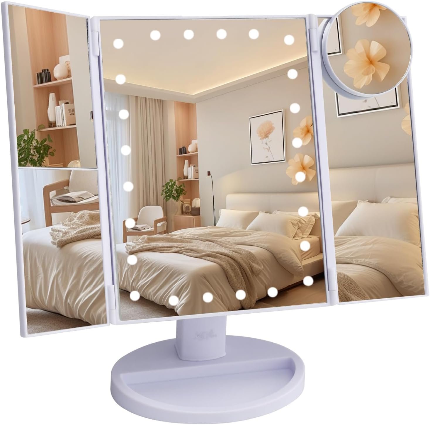 Ms. Pen- Tri-Fold Makeup Mirror Vanity with Lights, 9″ x 13.6″ | 1X/2X/3X/10X Magnification, 24 LED Touch Screen, Dual Power Supply, 180° Rotation