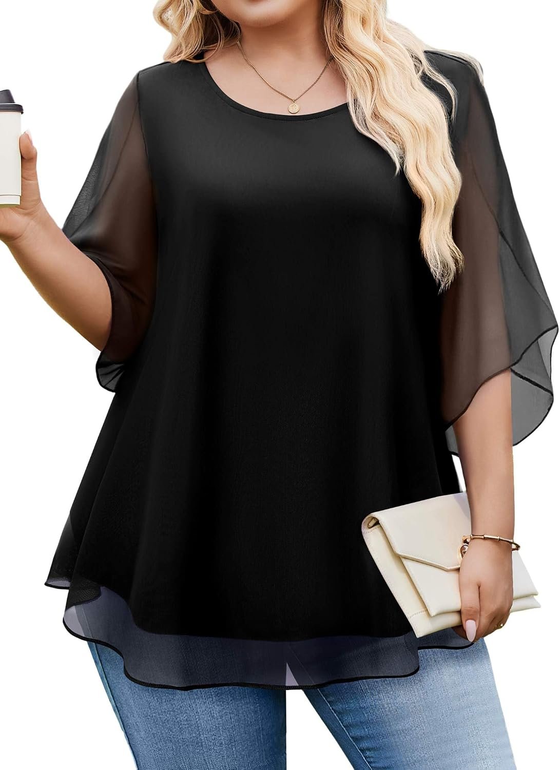 IN’VOLAND Women Plus Size 3/4 Sleeve Tops Dressy Double Layers Mesh Blouses | Loose Fit Shirts,Crew Neck,Casual Flowy,Business Work Outfits,Summer Spring Chiffon Blouses