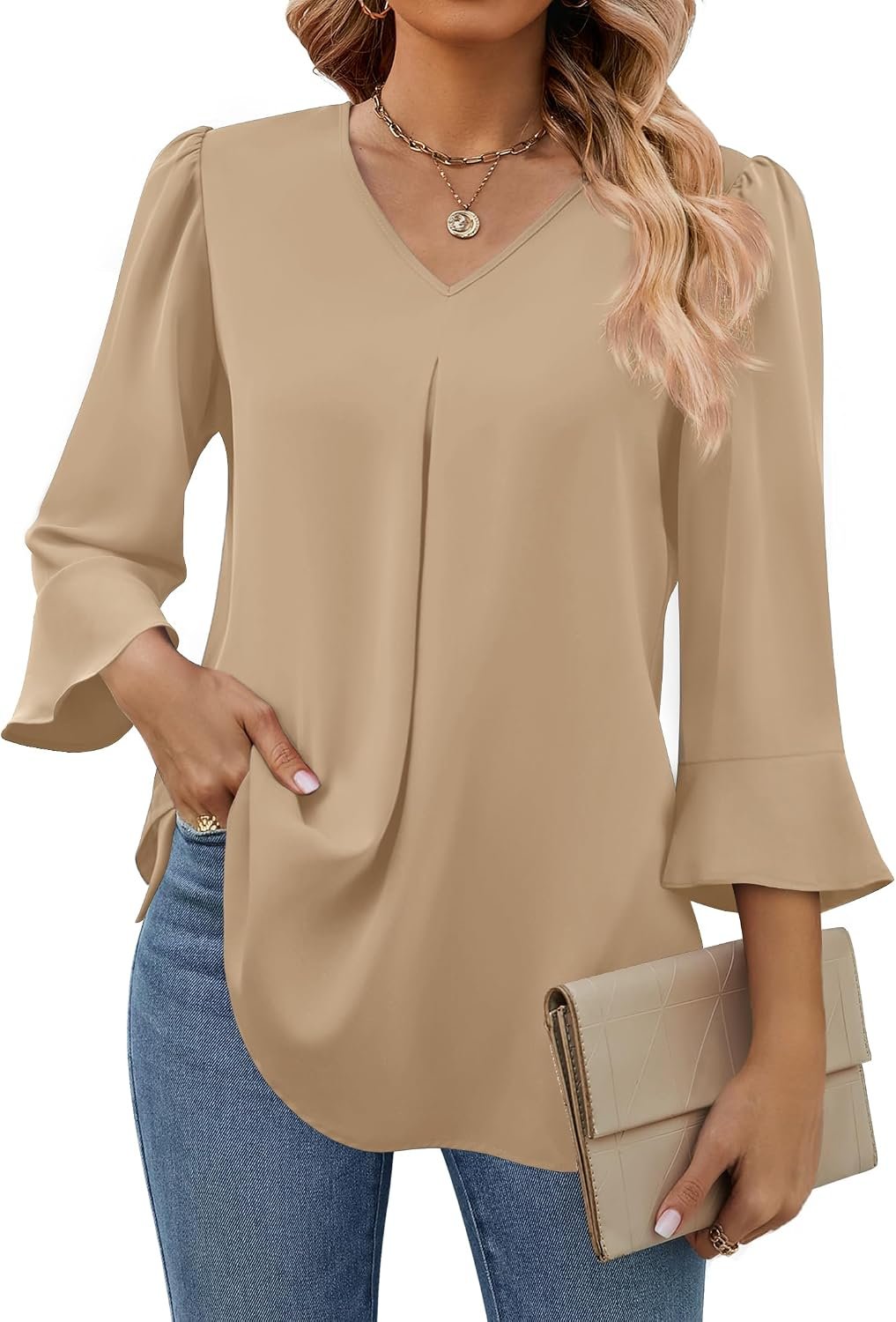 Funlingo 3/4 Sleeve Tops for Women Business Casual Dressy V Neck Tunic Work Blouses Fall Chiffon Flowy Office Shirts