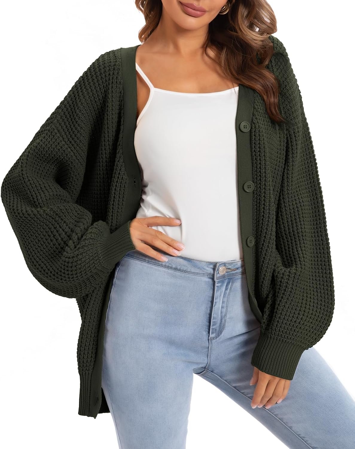 QUALFORT Women’s Oversized 100% Cotton Cardigan Sweater | Long Sleeve V Neck Button Down Open Front Knit Outerwear