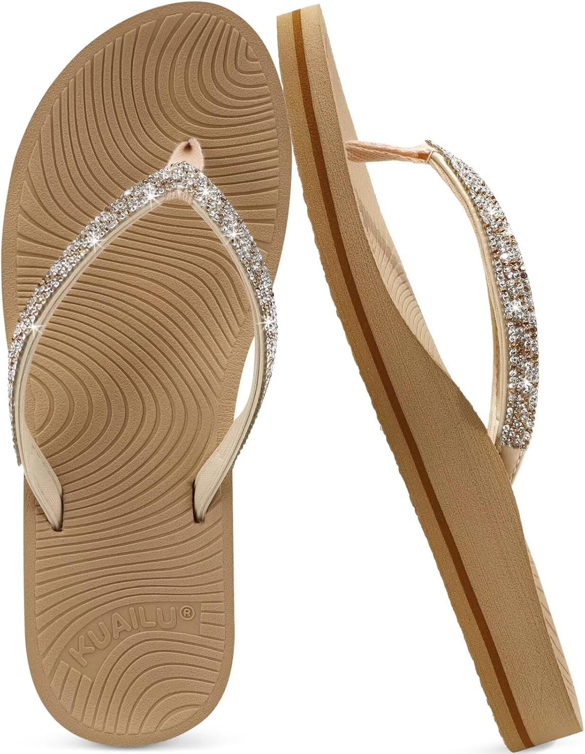 KuaiLu Women’s Rhinestone Flip Flops Arch Support Yoga Mat Cushion Sandals | Comfort Fashion Summer Beach Travel Orthotic Walking Thong Sandles Slip on Plantar Fasciitis Indoor Outdoor Shoes Size 5-11