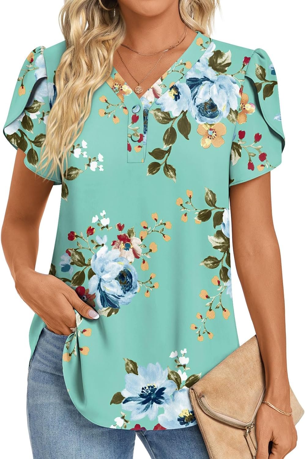 HOTGIFT Women Chiffon Blouses V Neck Petal Short Sleeve Summer Tops M-3XL