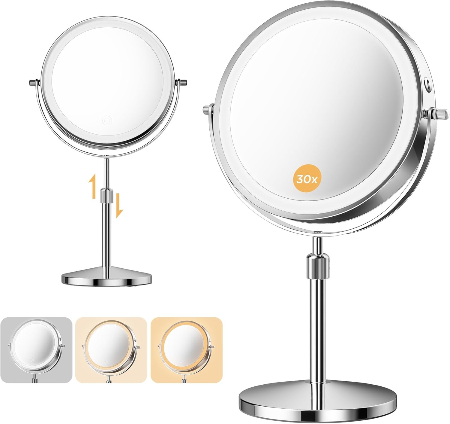 Double-Sided Makeup Mirror with Light, 1X/30X, 3 Colors, 3200mAh | 360° Rotating Mirror with Adjustable Brightness for Makeup, Skincare, and Vanity Use