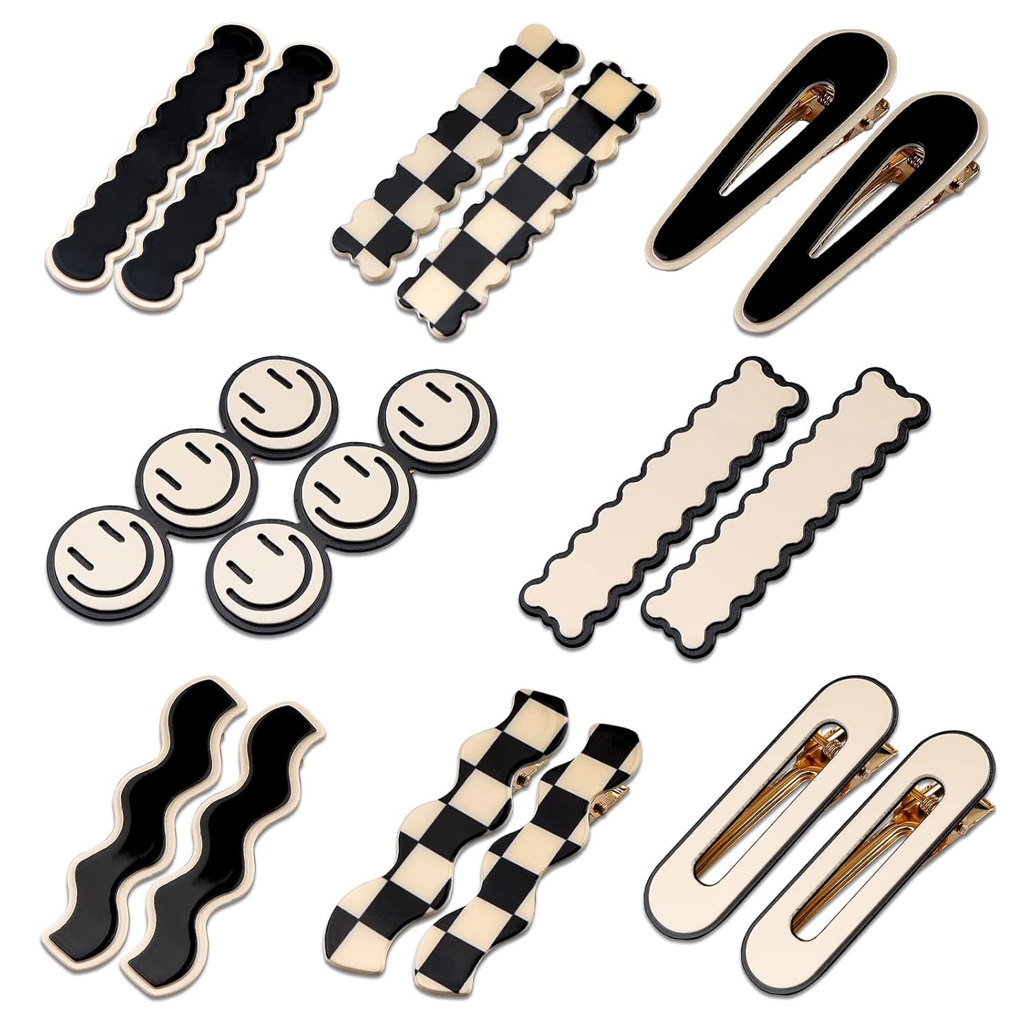 Magicsky 16PCS Black White Checkered Hair Clips, Cute Acrylic Barrettes | Simple Wave Geometric Creaseless Design, Korean Styling Fancy Hair Pins, Fashion No Bend Duckbill Accessories for Women Girls