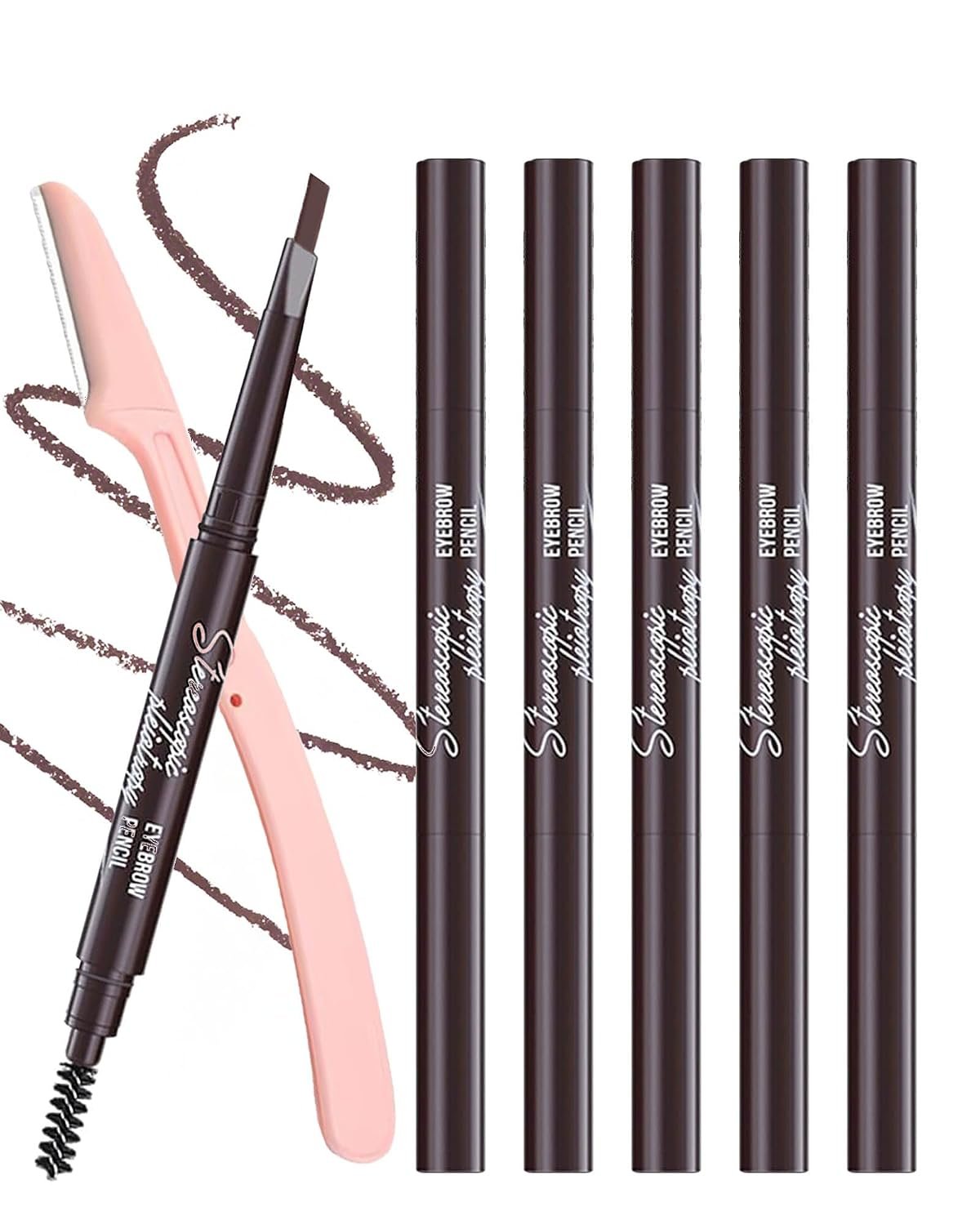 Waterproof Eyebrow Pencils for Women, 6Pcs Double-ended Dark Brown Eye Brow Pencil with Razor Kit, Triangular Tip Design Makes it Easier to Define and Fill in Brows for a Natural Look
