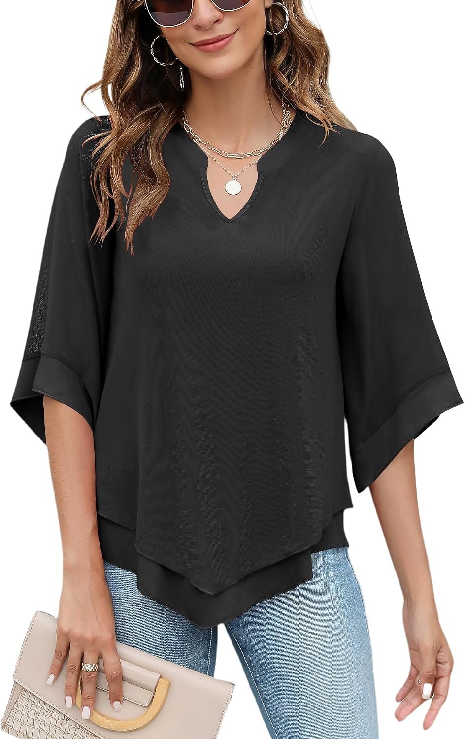 Womens 3/4 Sleeve Chiffon Blouses V Neck Double Layers Mesh Shirts Flowy Dressy Tunic Tops
