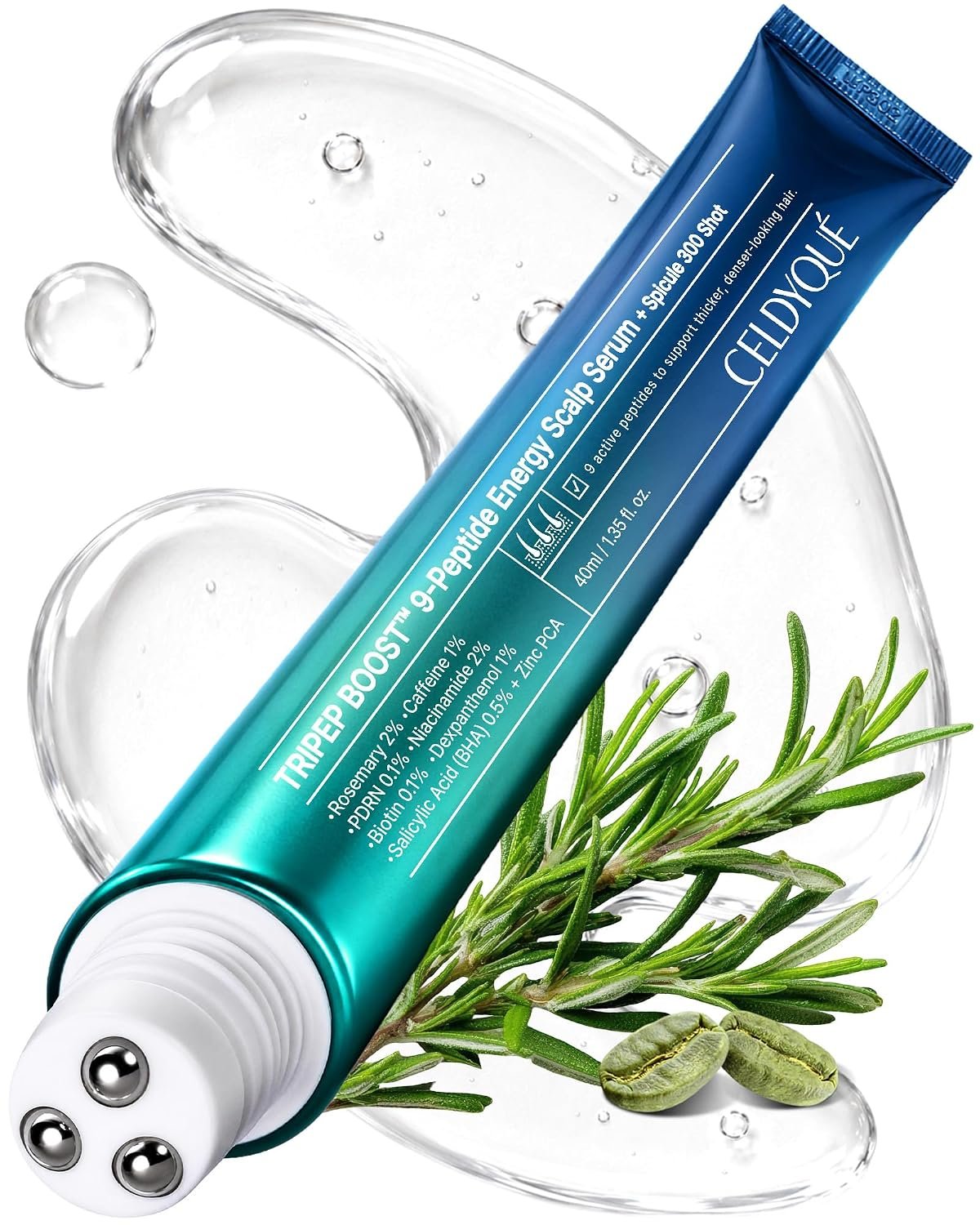 9-Peptide Hair Growth Scalp Care Serum 1.35 Oz(2X Size) – Rosemary 2% Caffeine 1% PDRN & Spicule 300 Roll-On Type | Thicker Fuller-looking Hair w/Niacinamide Zinc PCA | Thinning hair Korean Haircare