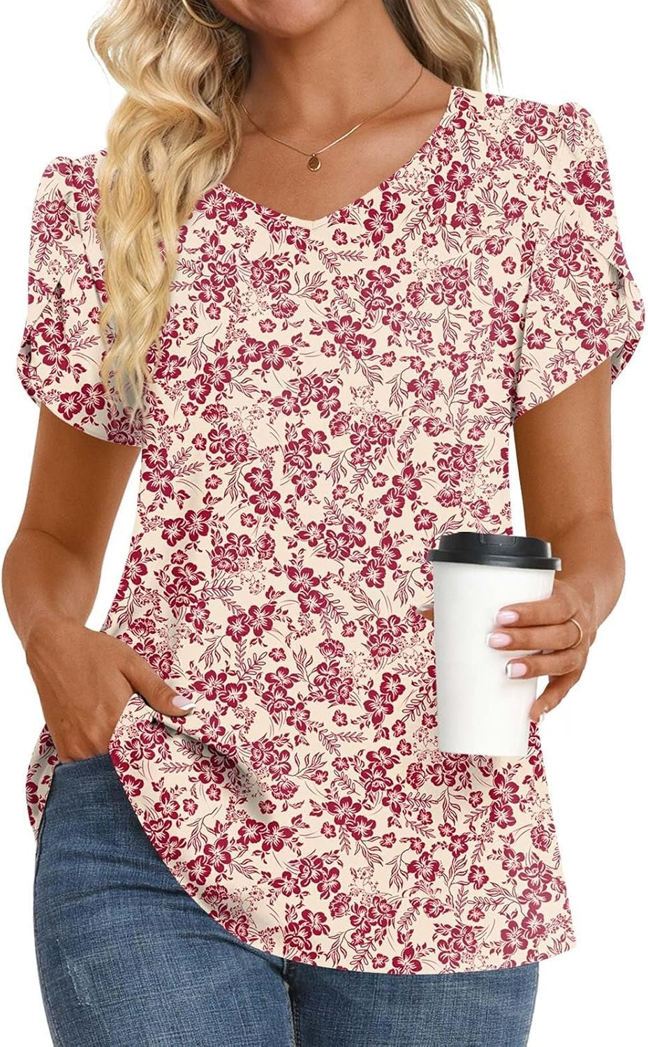HOTGIFT Womens Tunic Tops Chiffon Short Sleeve V Neck Summer Shirt M-3XL