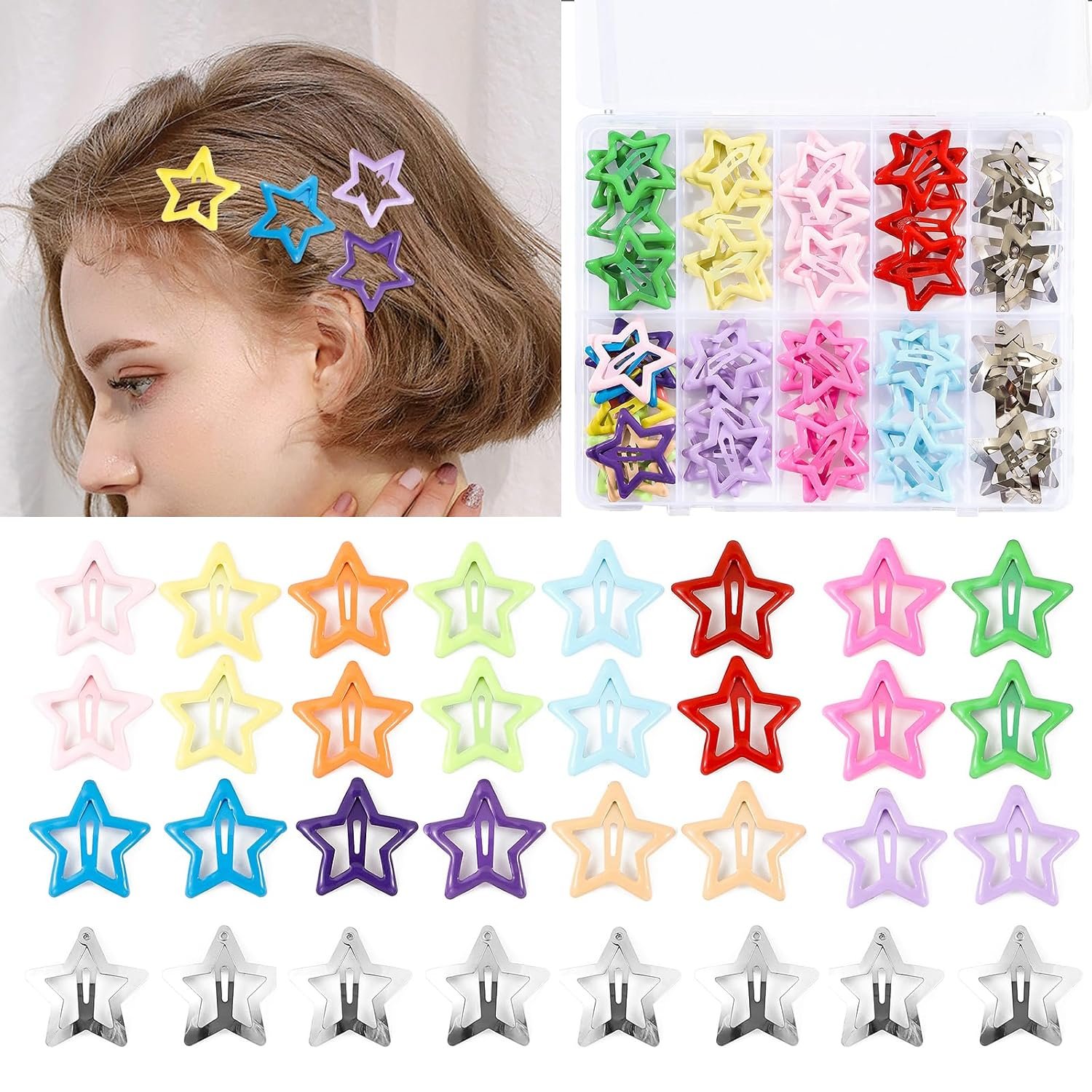 55pcs 1.22″ Star Hair Clips Cute Hair Clips for Girls Colorful Metal Snap Hair Barrettes for Women Star Hair Accessories for Daily Party