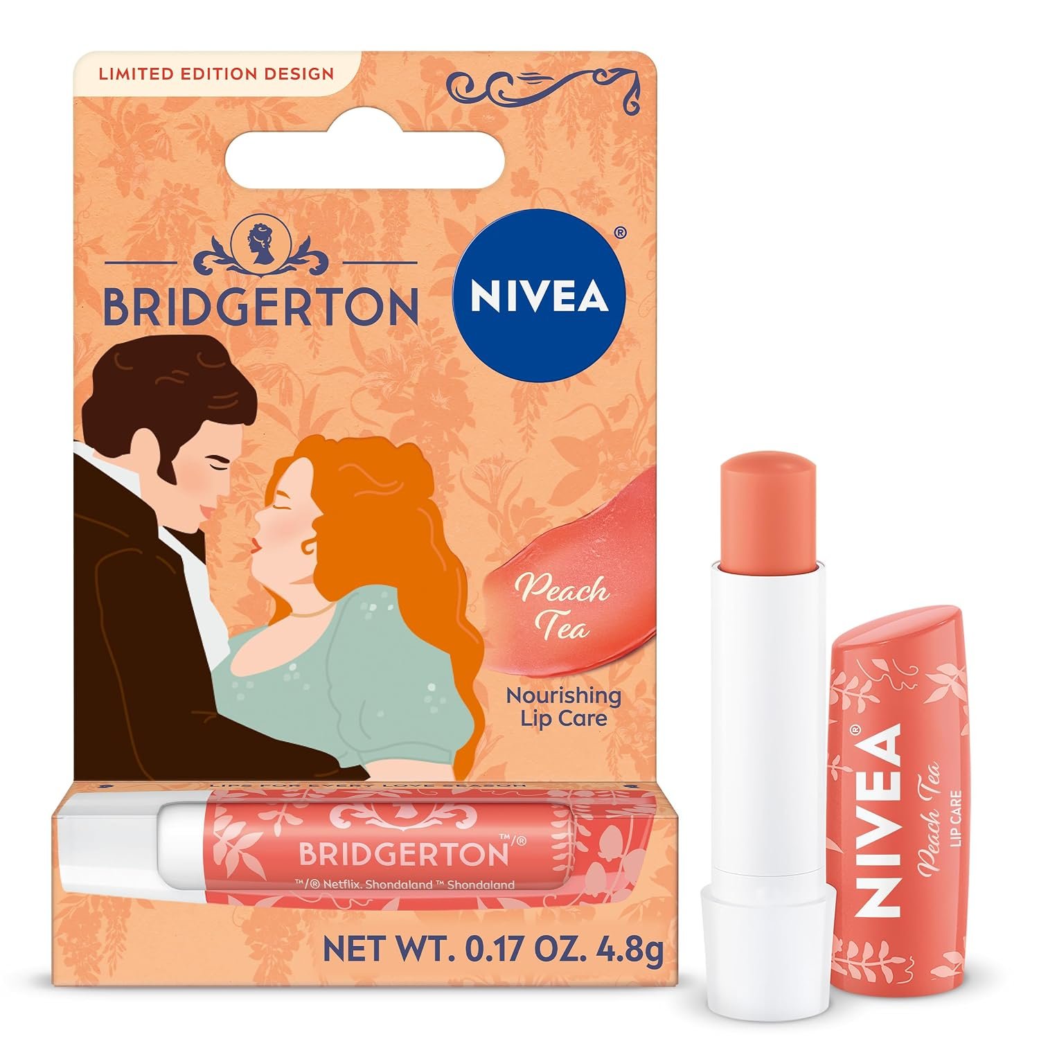 NIVEA Peach Tea Lip Care, Bridgerton Design Lip Balm, 0.17 OZ | Bridgerton Limited Edition Coral Tinted Lip Balm with Shea Butter, Oils and Vitamins, 3-in-1 Moisture, Repairs Dry Lips