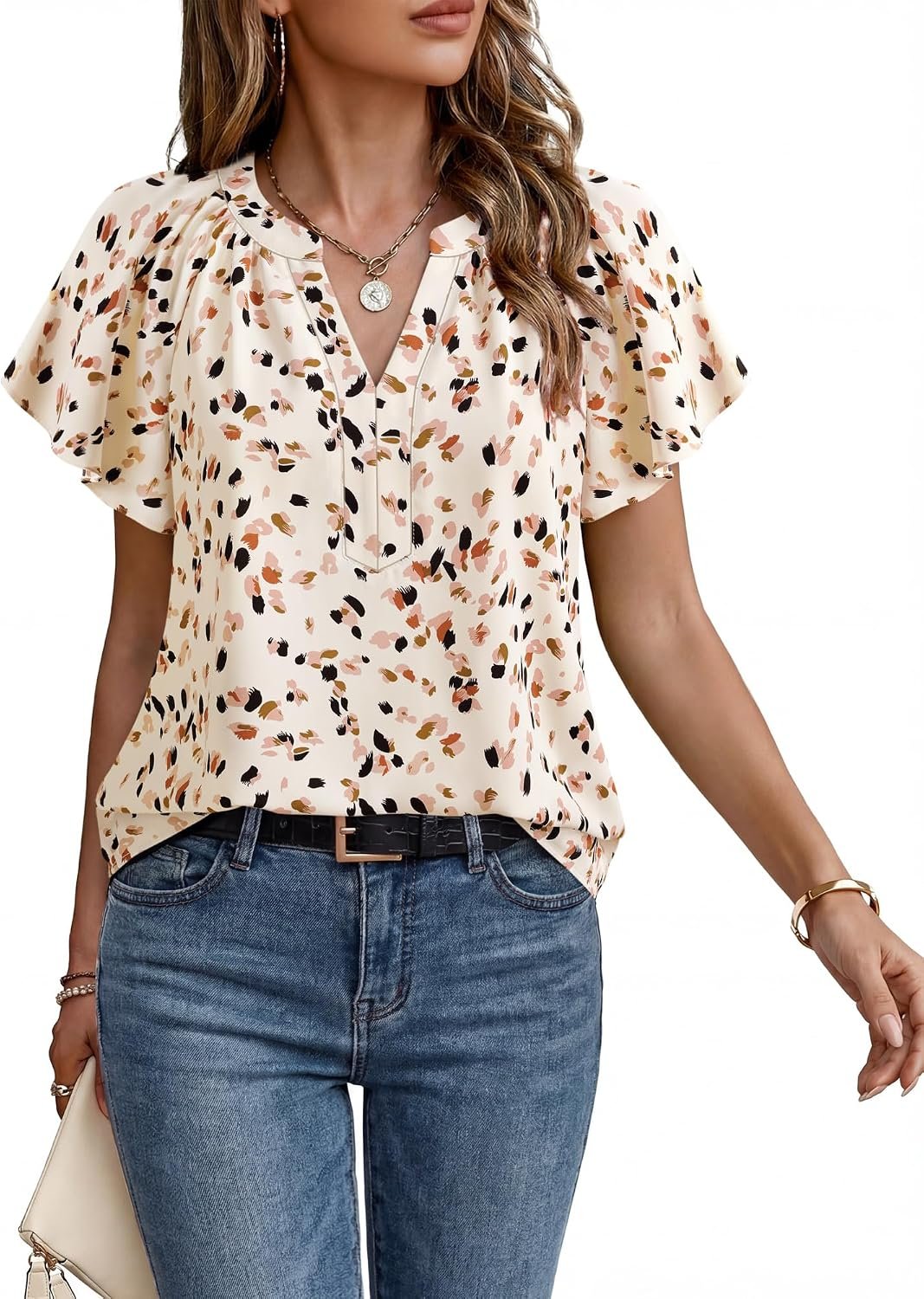 Timeson Womens Summer Tops Short Sleeve Chiffon Blouses Business Casual | Wrinkle Resistant Ease Care Office Work Attire lightweight Breathable Silky Soft Versatile Flowy Flattering Fit to Hide Tummy