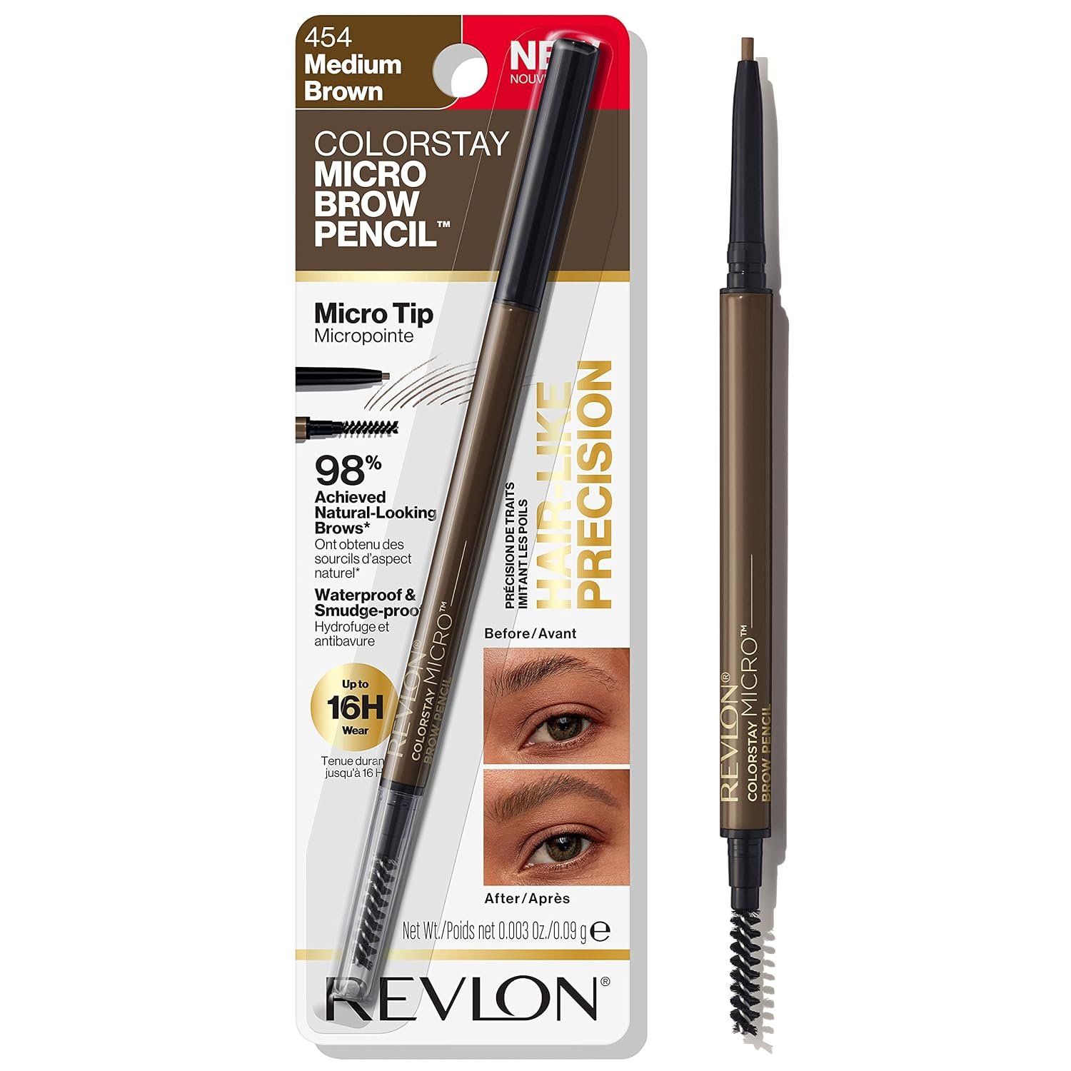 Revlon ColorStay Micro Brow Pencil, 454 Medium Brown, 0.003 oz | Waterproof eyebrow pencil with micro tip and spoolie brush. Infused with argan & marula oil. Smudge-proof definition.