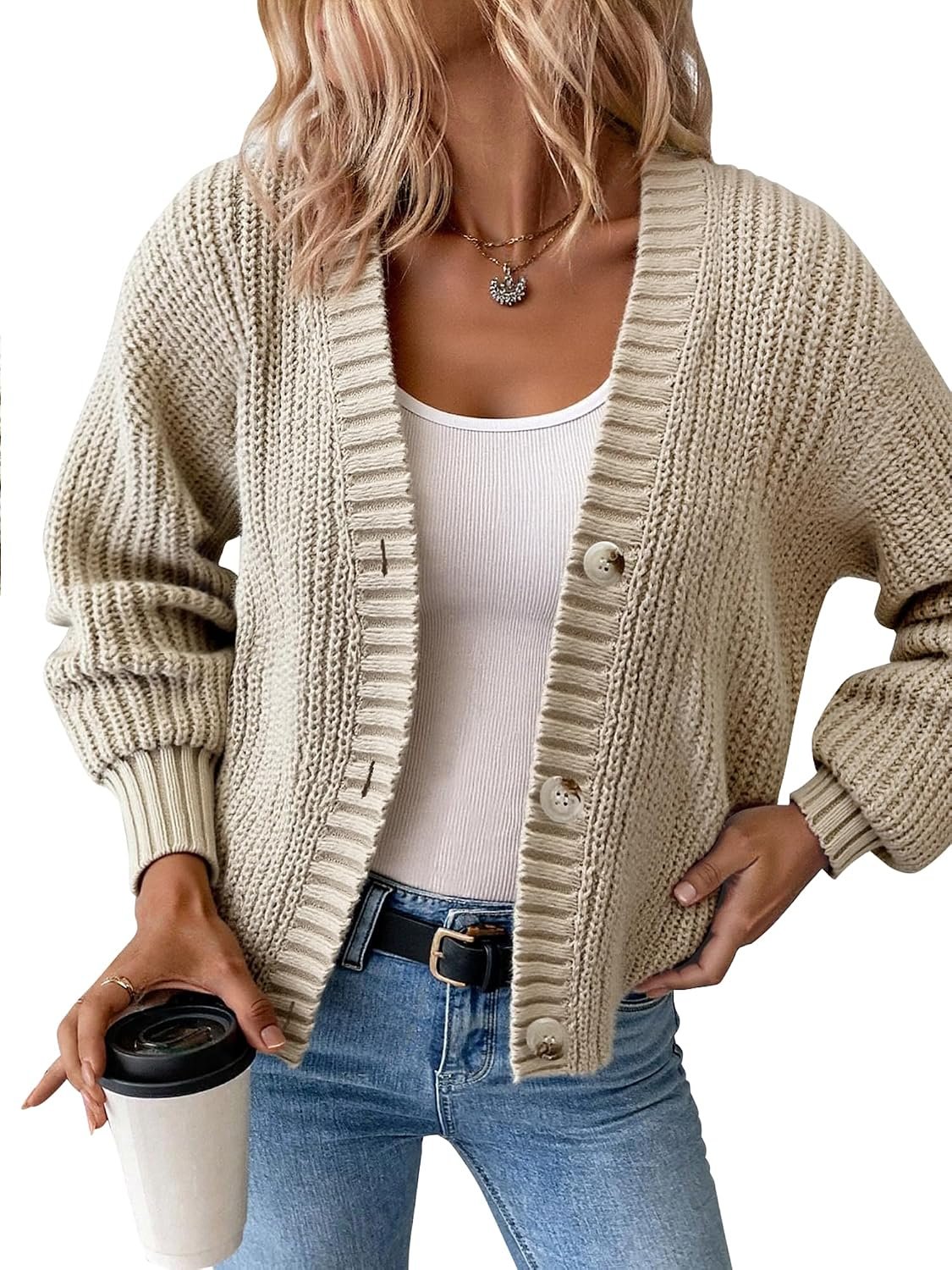Women’s Chunky Knit Cardigan – Waffle Knit Button Down Oversized V Neck Fall Sweater for Casual Layering