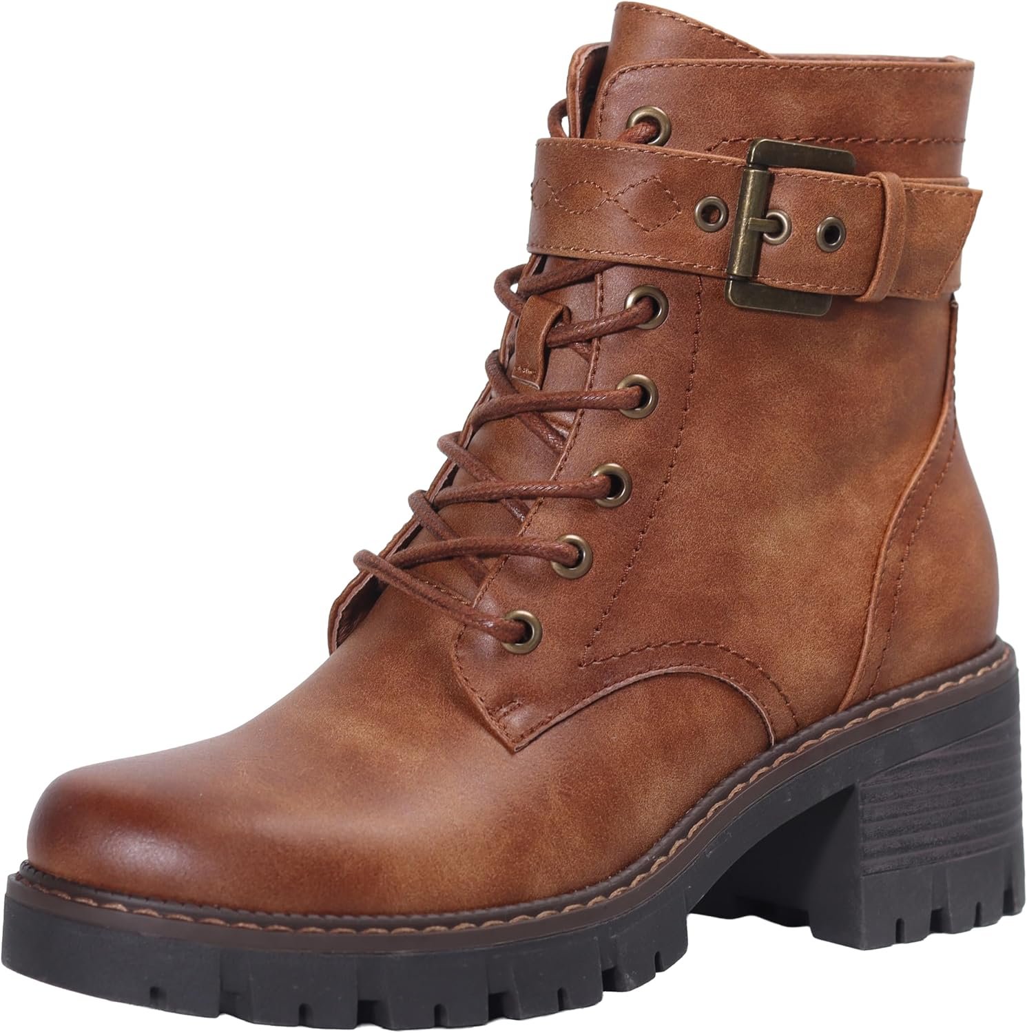 Women’s Combat Boots Classic Lace-Up Ankle Booties with Side Zipper & Buckle, Chunky Mid Heel