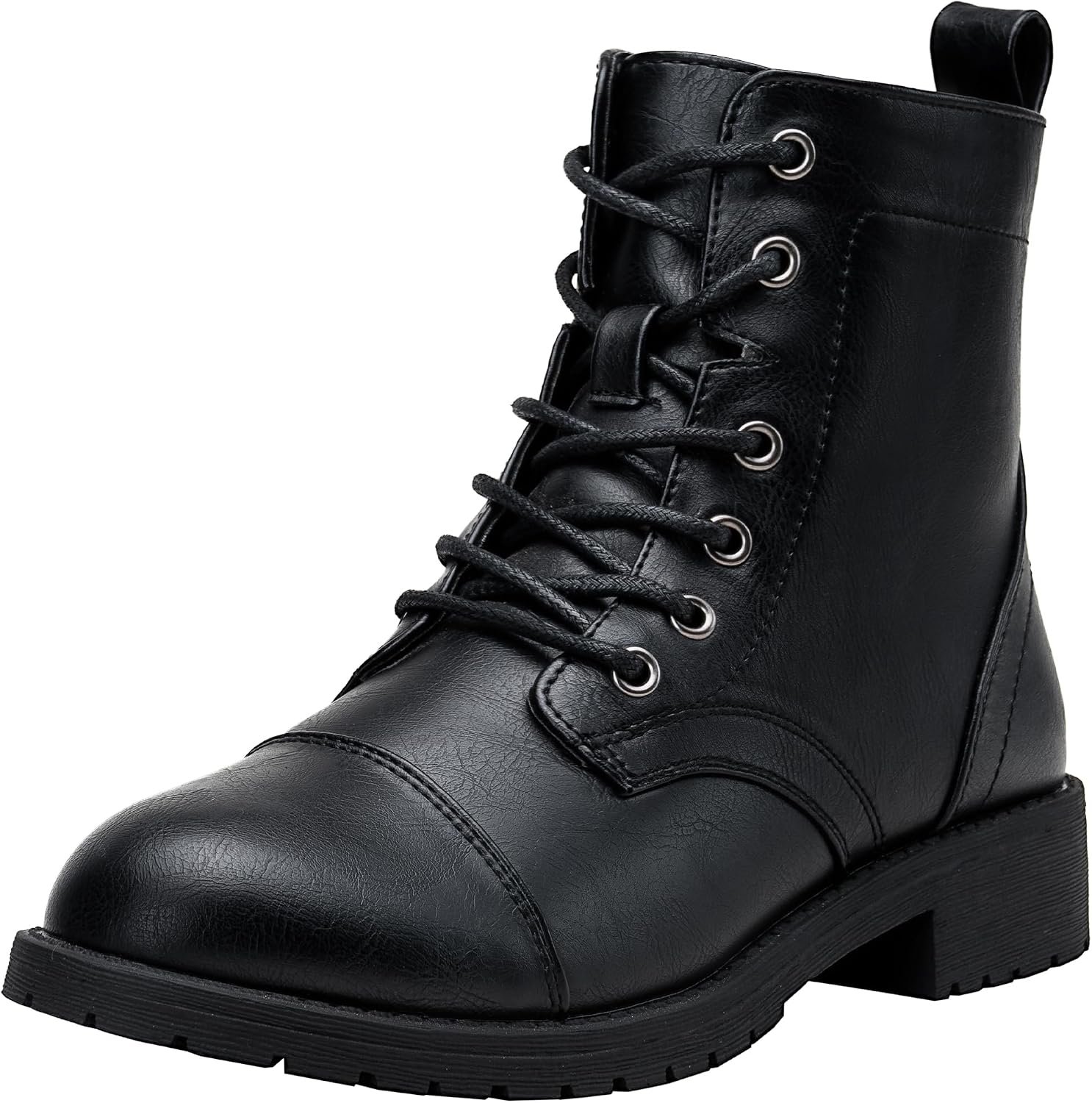 Women’s Lace Up Combat Ankle Boots, Cap Toe Low Block Heel | Comfortable booties with easy side zipper entry and memory foam cushioning, for denim, dresses, city days and travel