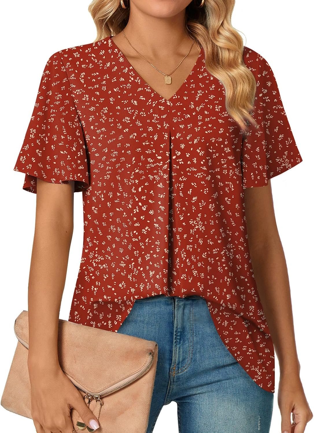 Anyally Women’s Summer Dressy Chiffon Blouses V Neck Ruffle Short Sleeve Tunic Tops for Leggings Casual T-Shirts