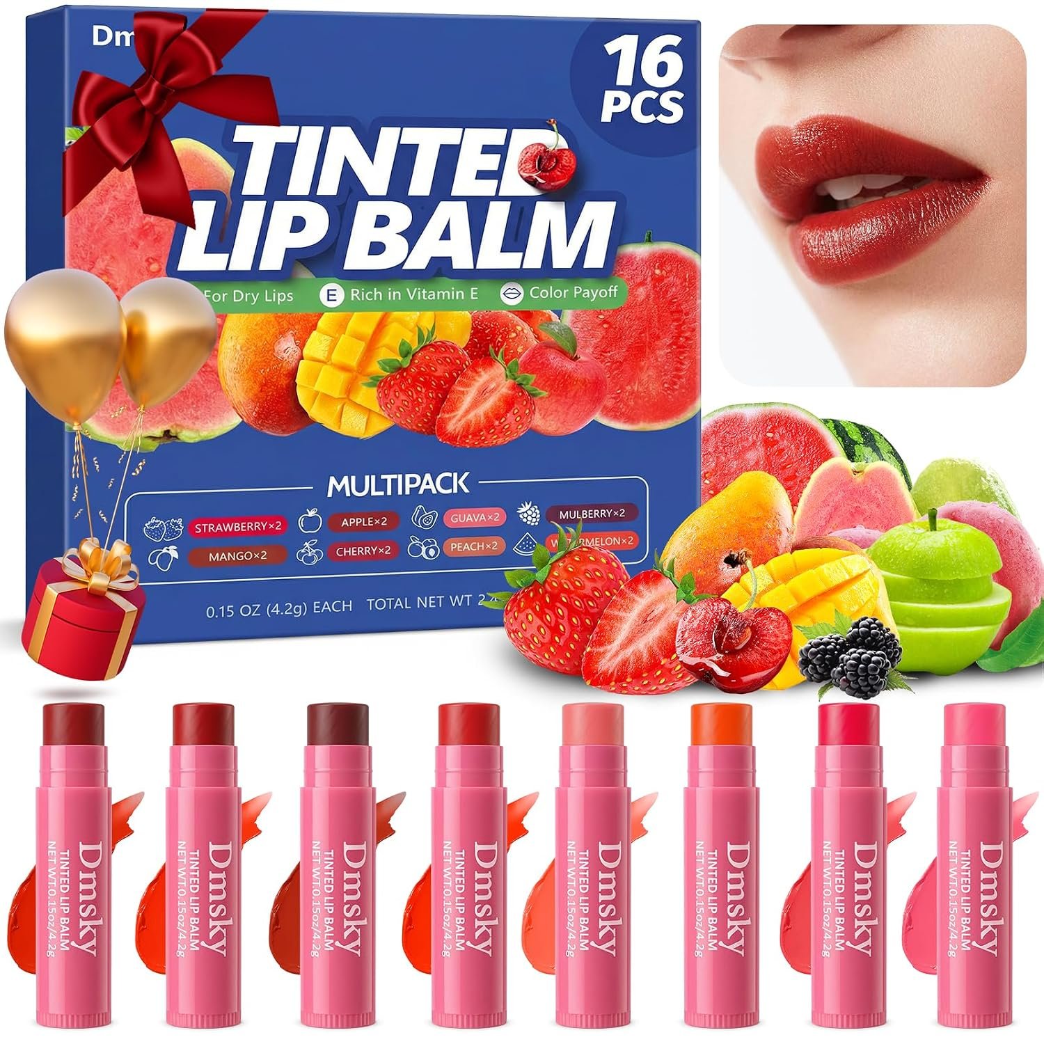 16 Pack Tinted Lip Balm,3-In-1 Moisture Repair Color Lip Tint Stain,8 Flavors Lip Balms & Moisturizers Bulk Gifts for Women,0.15 OZ Natural Lip Balm Tinted with Beeswax
