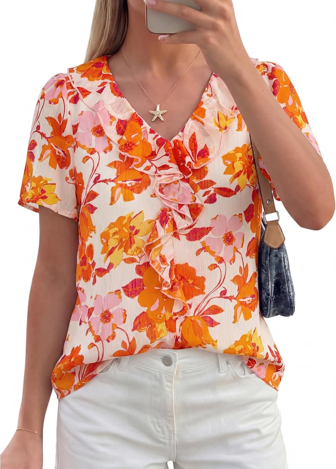 Simplee Womens Summer Floral Blouse Dressy Casual Chiffon Short Sleeve Boho Tops Ruffle V Neck Tops 2026 Trendy Shirt Clothes