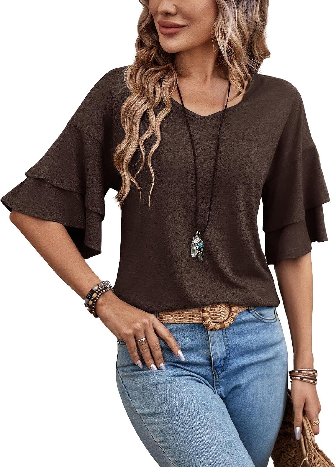 3/4 Length Sleeve Tops Womens Blouses Ruffle V Neck Shirts Casual Tunic Spring Fall Clothes