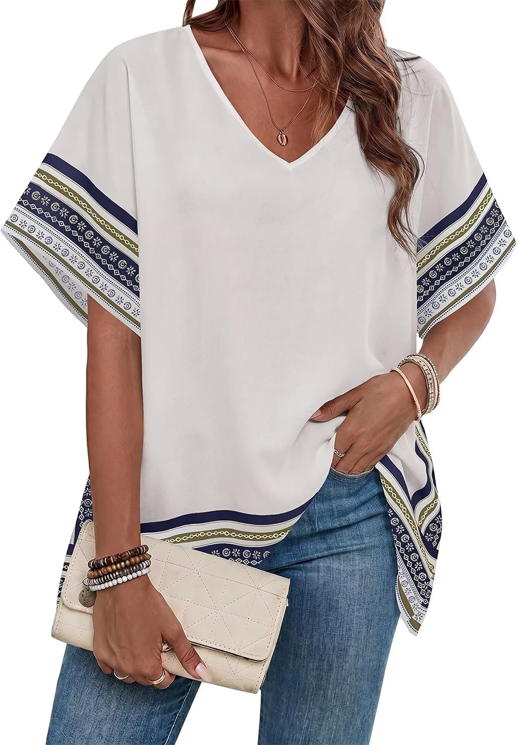 Falechay Womens Tops Batwing Short Sleeve V Neck Floral Flowy Boho Shirts | Summer Blouses, Dressy Casual, Loose Fit, Classy, Lightweight, Hide Tummy, Ladies Tunic, Beach Vacation, Side Slit, Trendy