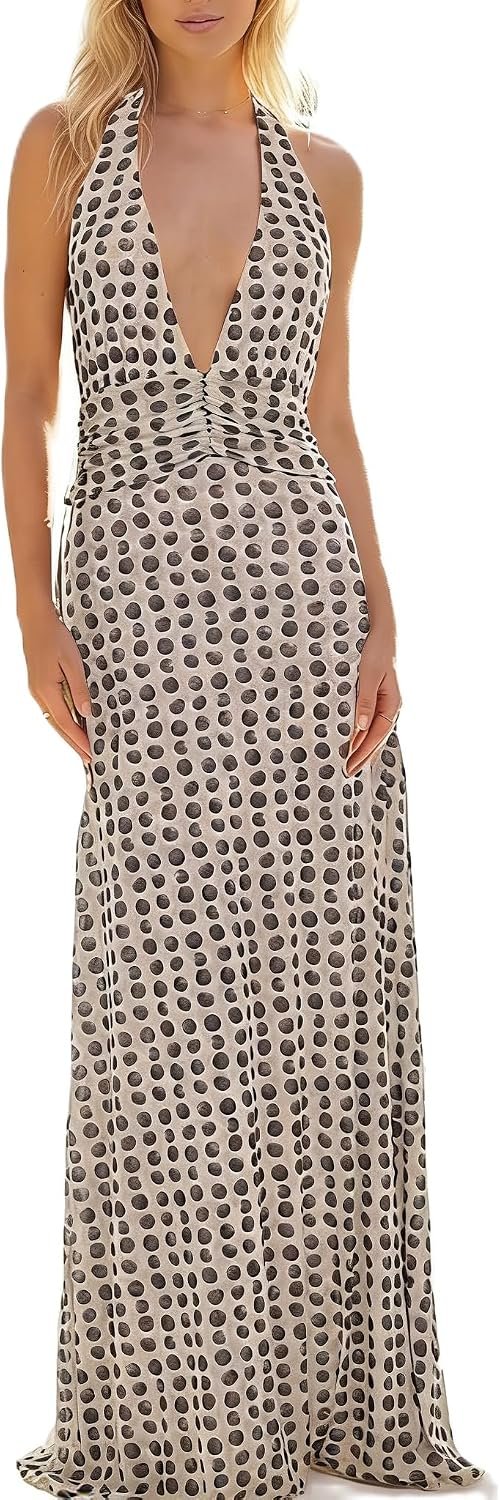 Amiblvowa Women Halter V Neck Maxi Dress Sexy Backless Bodycon Low Cut Long Dress Open Back Cocktail Summer Beach Sundress