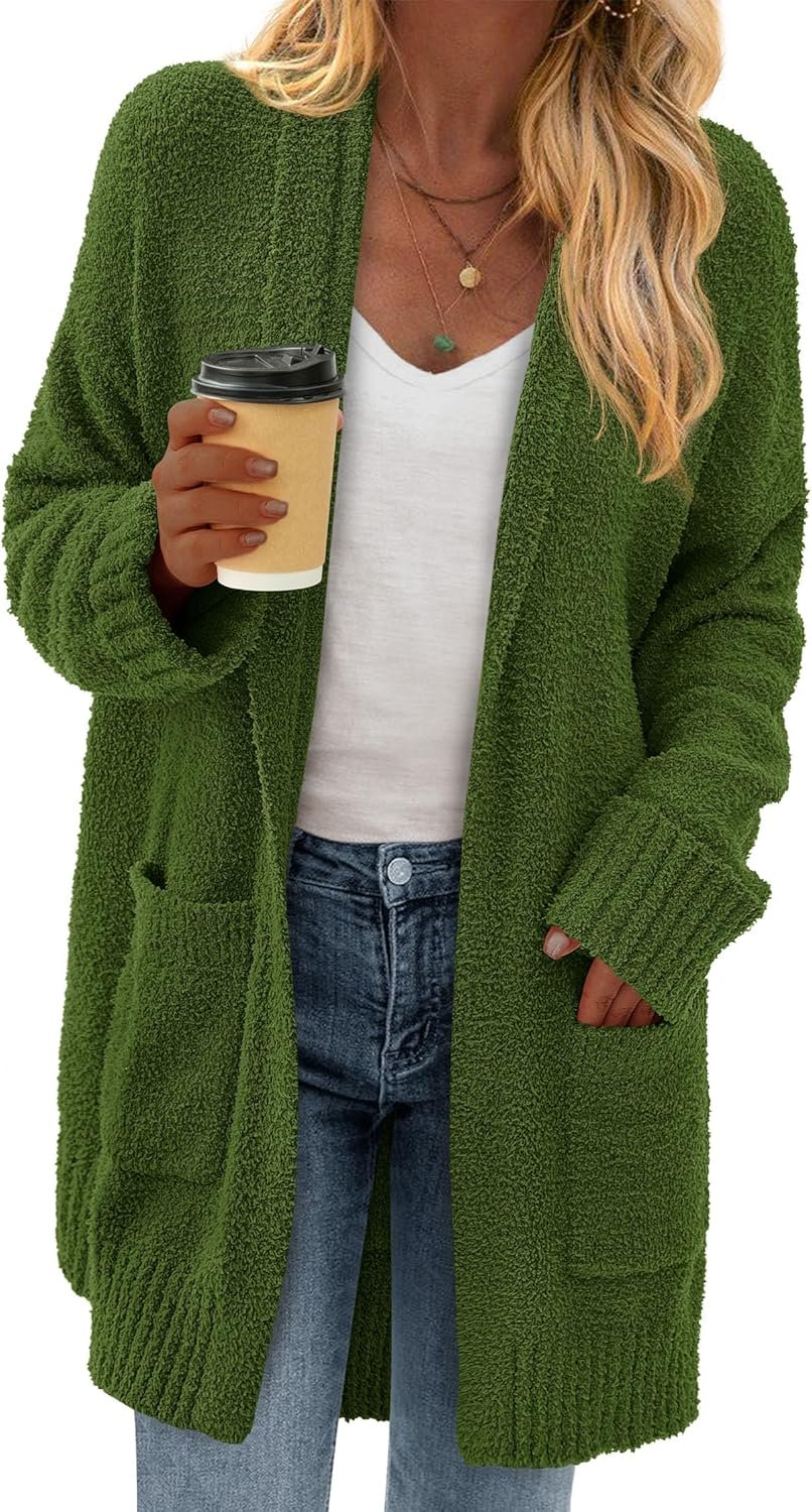 KIRUNDO Womens Long Chunky Fuzzy Knit Cardigan 2026 Fall | Open Front Cardigan Sweater Coat, Long Sleeve Thick Warm Outerwear with Pockets, Soft Cozy Loose Casual Daily Winter Outfits