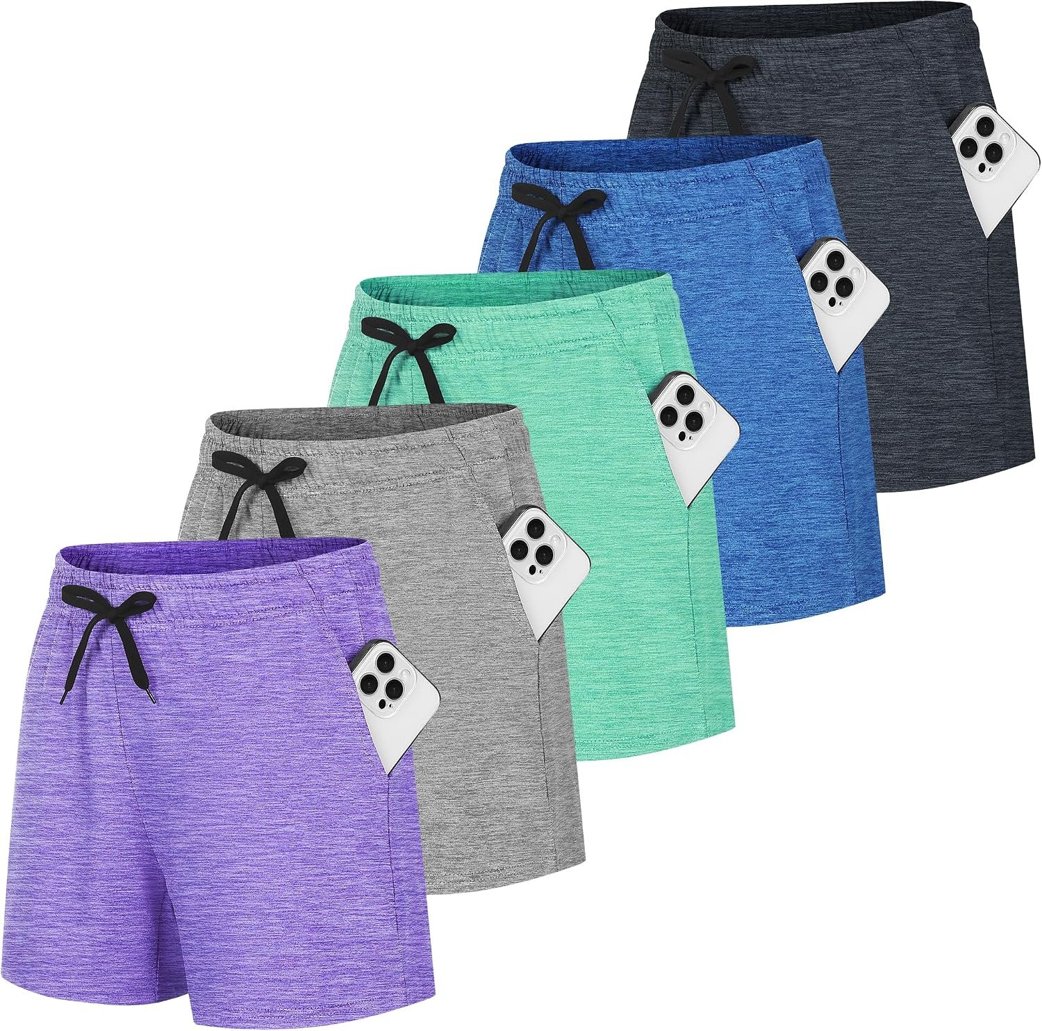 HovSiyla 5 Pack Women Quick Dry Shorts Moisture Wicking Pockets Lightweight Gym Workout Running Summer Athletic Casual Wear
