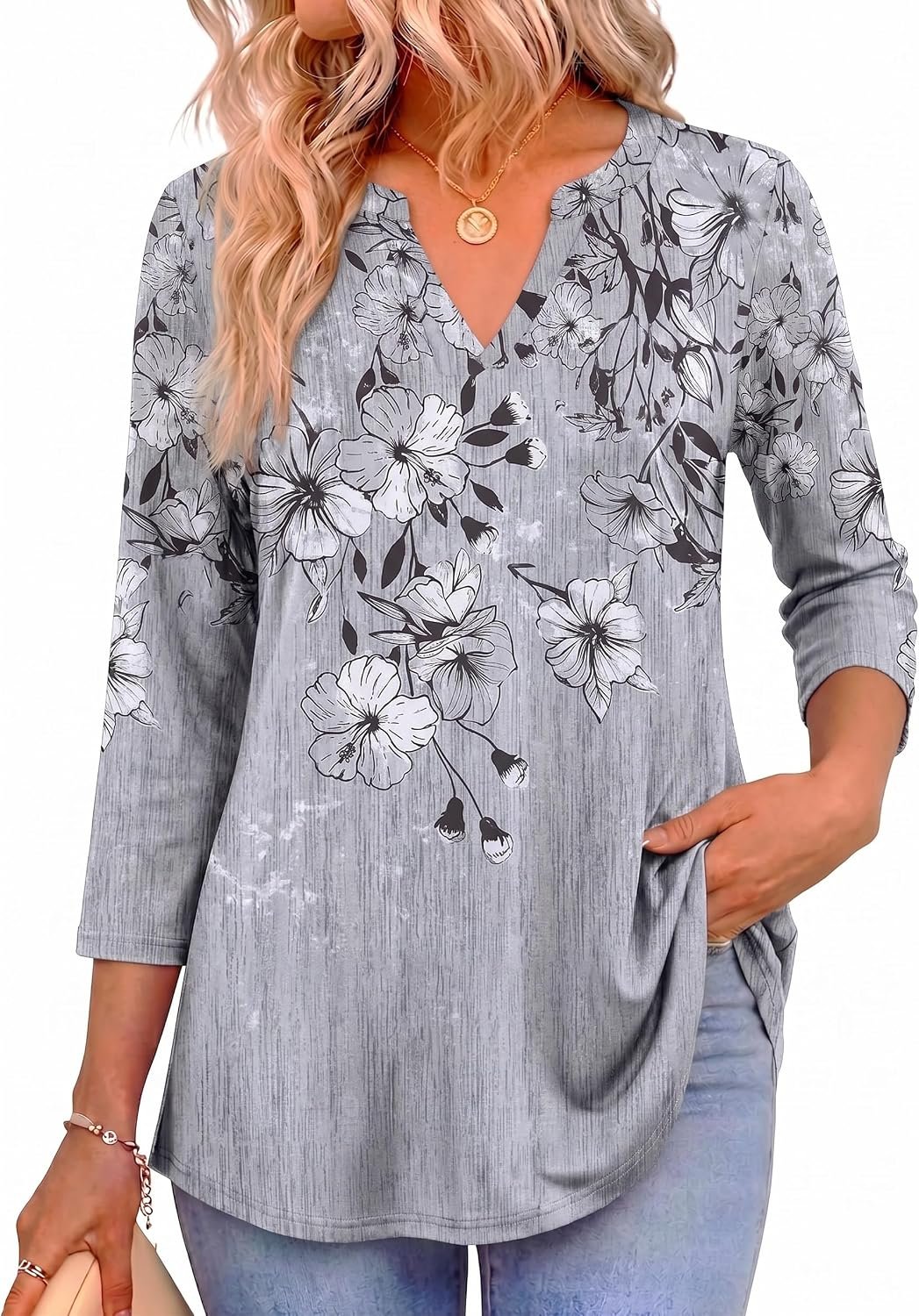 Zeagoo Womens 3/4 Length Sleeve Tops V Neck Tunic Dressy Casual Blouse | Floral Printed Shirts S-3XL